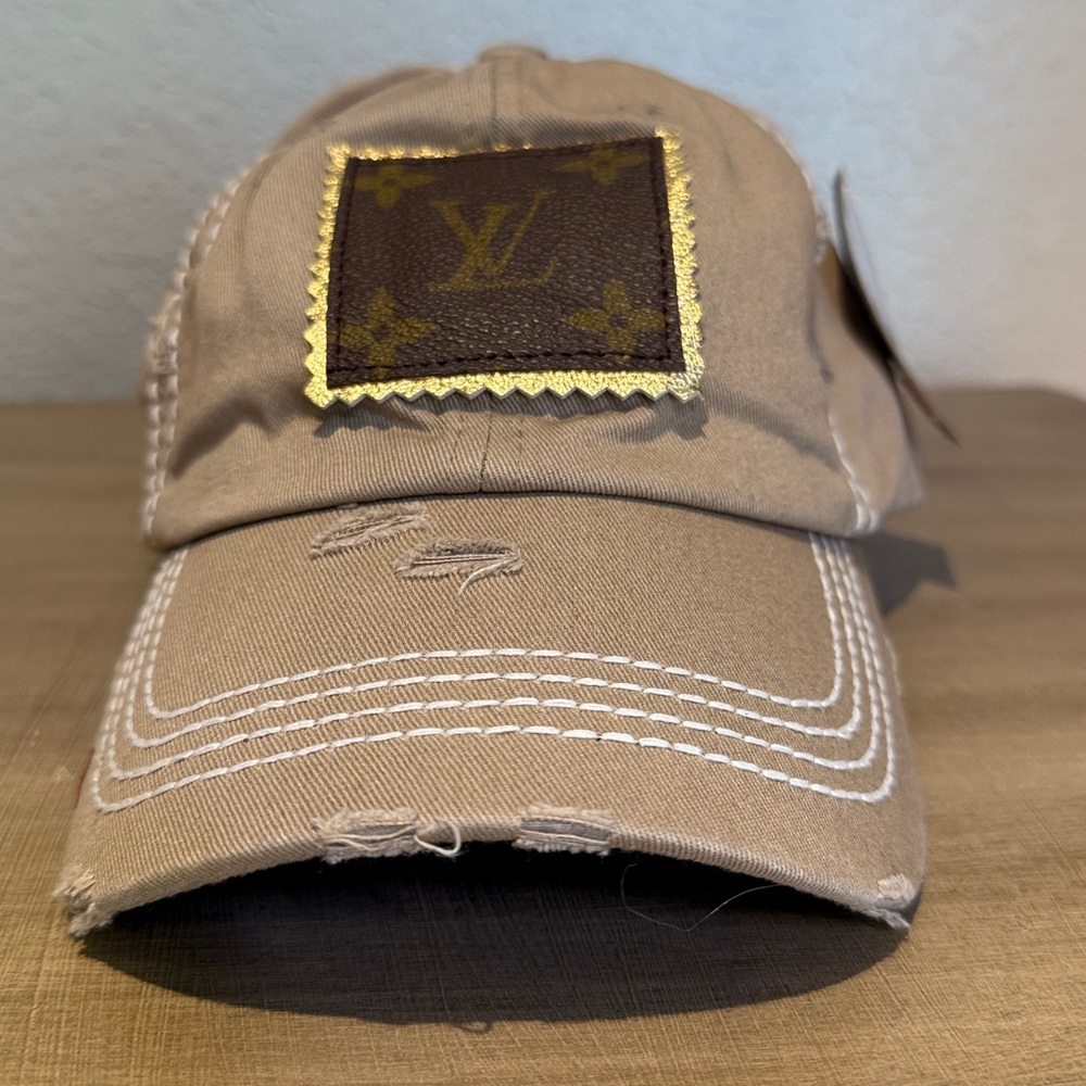 Khaki Vintage heavy topstitch Cap with Louis Vuitton vintage Patch